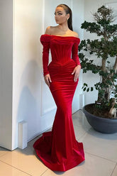 Red Velvet Formal Dress Mermaid Long Sleeve Christmas Party Dress